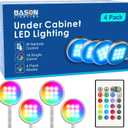 BASON LIGHTING RGB Under Cabinet Lighting, Wireless Remote Control, 16-Color Plug in Puck Lights, Dimmable LED Cabinet Light Kit for Kitchen, Bookshelf, Counter, 4 Pack (RGB (Red, Green, Blue))