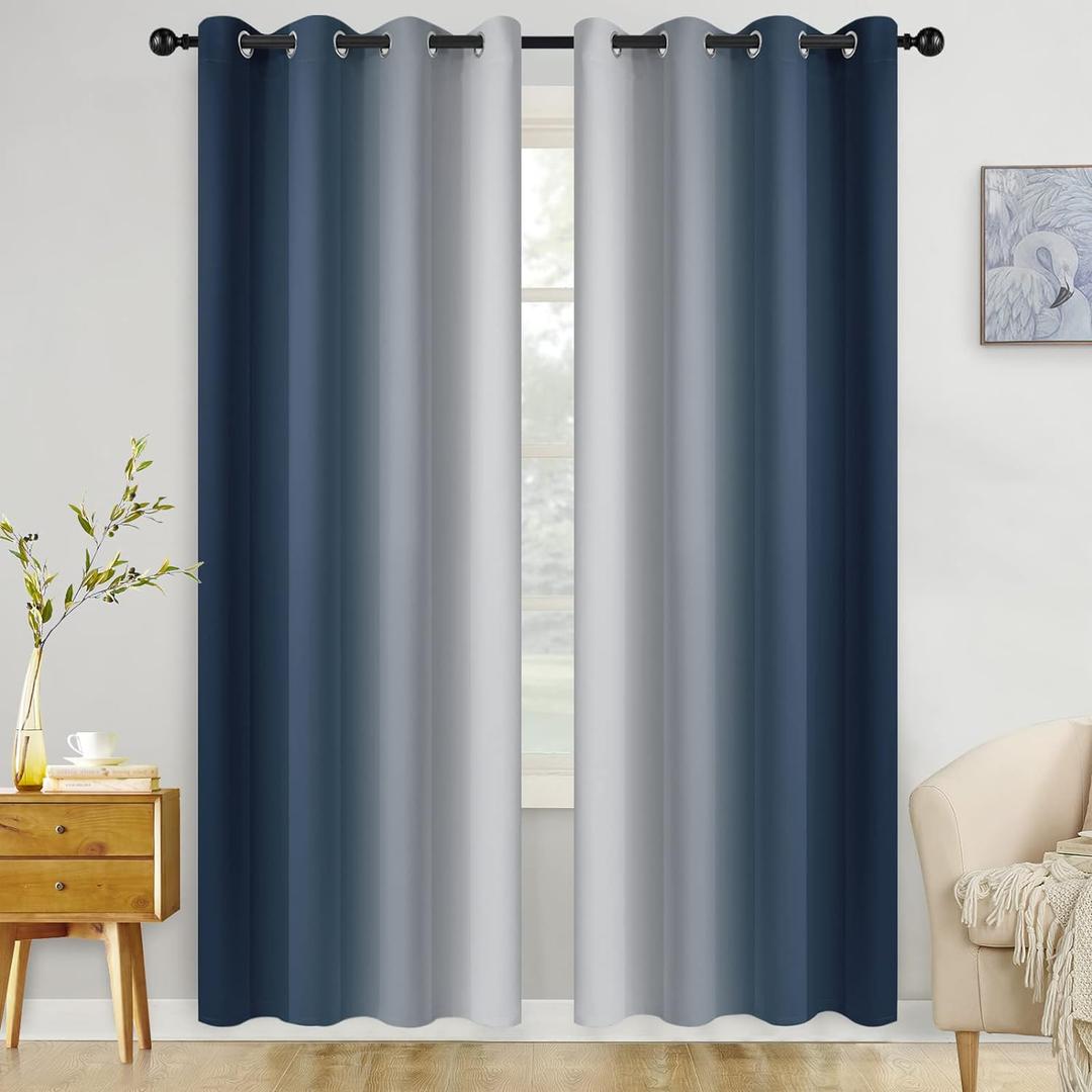 COSVIYA Curtains & Drapes Ombre Navy Blue Curtains 84 inch Long 2 Panels Set, Grommet Room Darkening Light Blocking Insulated Thermal Gradient Window Panels for Bedroom/Living Room,52x84 inches (Navy Blue to Grayish White)