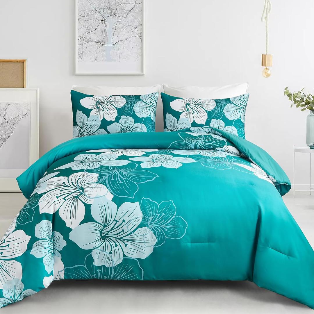 Menghomeus King Comforter Set Gradient Teal Bedding Floral Comforter Sets - Soft Microfiber Bed Comforter Set for All Season, 3 Piece Botanical Flowers Comforter, Pillowcases