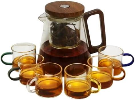 Heat - Resistant Glass Teapot Set with 6 Cups, Press - Type Removable Tea Infuser for Easy Brew & Separation, 800ML/27oz