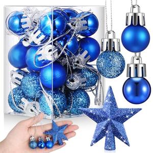 RoundFunny 25 Pcs Mini Christmas Balls Ornaments Set 0.79 Inch Christmas Day Ball Topper Star Tree Hanging Ornaments for Party Decoration(Blue)
