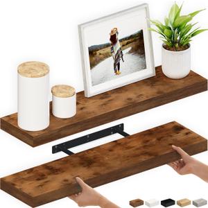 Ballucci Floating Shelves, 36" Wood Wall Shelf Set of 2, with Invisible Brackets for Bathroom, Living Room, Bedroom, Kitchen, Nursery, 6" Deep, Rustic Brown, 35.4 inches