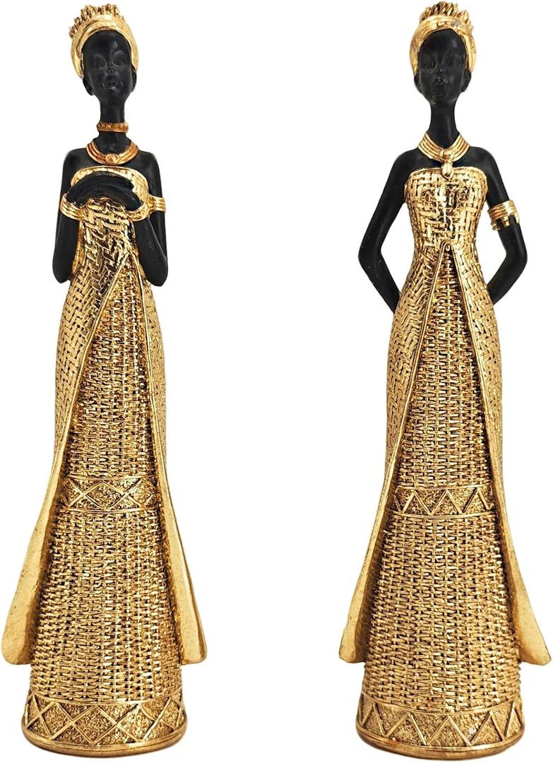 African Statue for Home Decor - 2-Pack Tribal Art Sculptures,Gold Vintage Figure Figurines,Living Room, Office & Shelf, for Housewarming, Birthday & Holidays Decorations