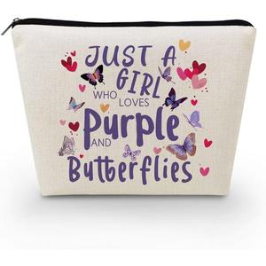 Just Love Purple And Butterflies Makeup Bag Canvas Organizer Zipper Pouch Heart Floral Butterflies Cosmetic Bag Present for Purple Butterfly Lovers Women