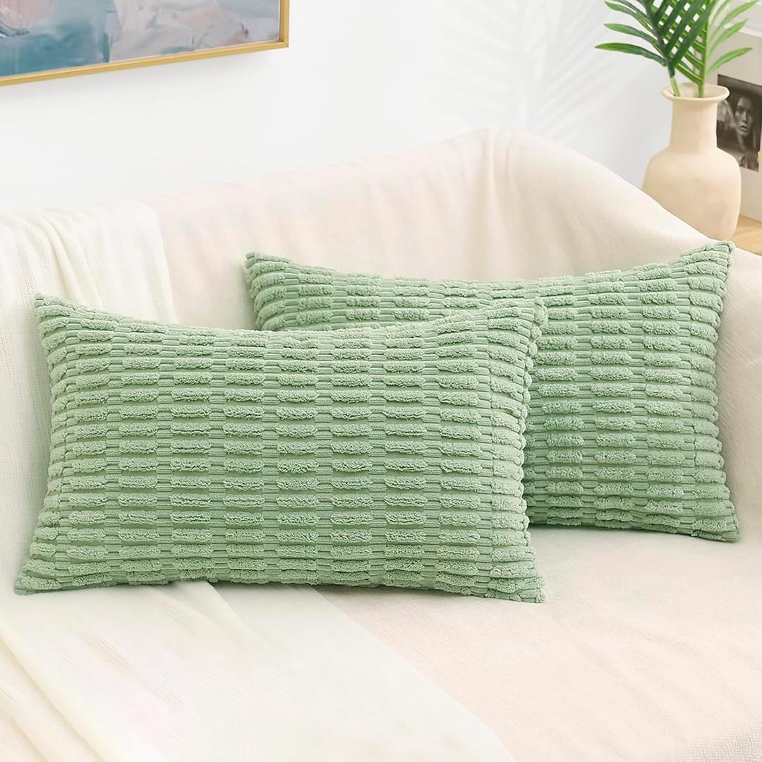 decorUhome Sage Green Lumbar Decorative Throw Pillow Covers 12x20 Set of 2, Soft Corduroy Striped Rectangle Spring Pillow Covers for Couch Living Room Bed Sofa (20" x 12" (Pack of 2), Sage Green)
