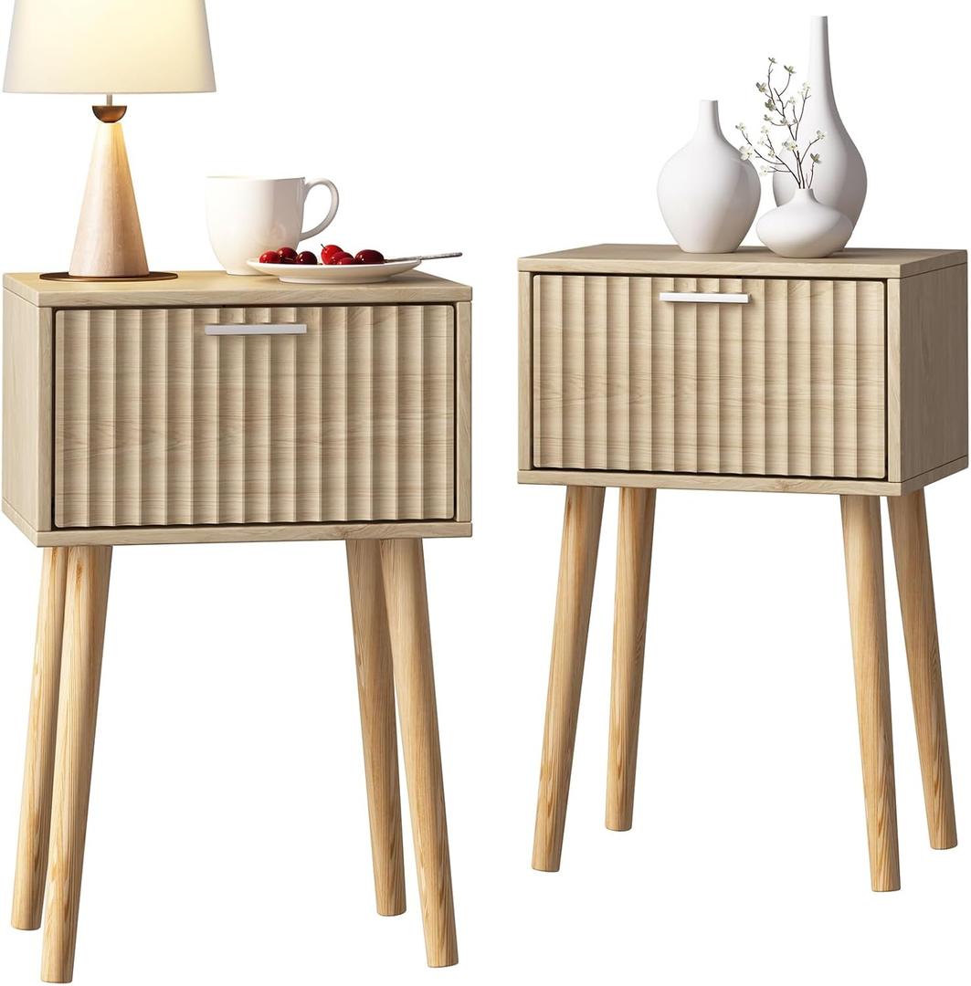 LAATOOREE Nightstands Set of 2, Small Side Table, Bedside Table with Fluted Door, Solid Wood Feet; Modern Mid-Century End Table for Bedroom, Small Space (Natural)