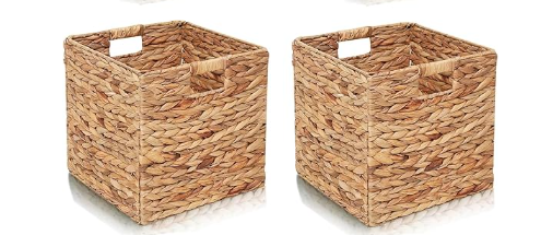 Water Hyacinth Storage Baskets,4 Pcs 11.2"x11.2" Foldable Woven Bins,Cube Organizers Woven Bins for Bathroom, Bedroom, Laundry, Pantry, Shelves