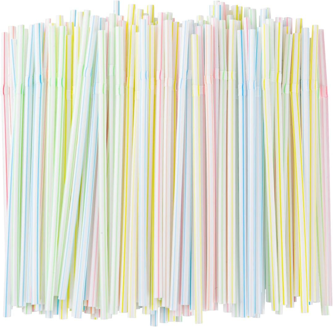 [200 Pack] 8.5" High Flexible Plastic Straws,Bendable Disposable Drinking Straws -Striped Assorted Colors for Home Use Milk Juice Drinks