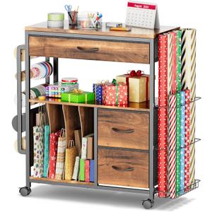 PUNLUXU Wrapping Paper Storage Cart, Rolling Gift Wrap Station with Ribbon and Gift Bag Storage, Wrapping Paper Organizer Holder, Craft Organizers and Storage for Christmas, Craft Storage Cart 004 (004 Wood Grain)