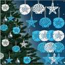 12 Pcs Wooden Coastal Christmas Decor Hanging Ornaments Starfish for Christmas Tree, Beach Christmas Ornaments Seashells Sanddollar for Nautical Xmas Tree Fireplace Home Decoration (White  Blue)