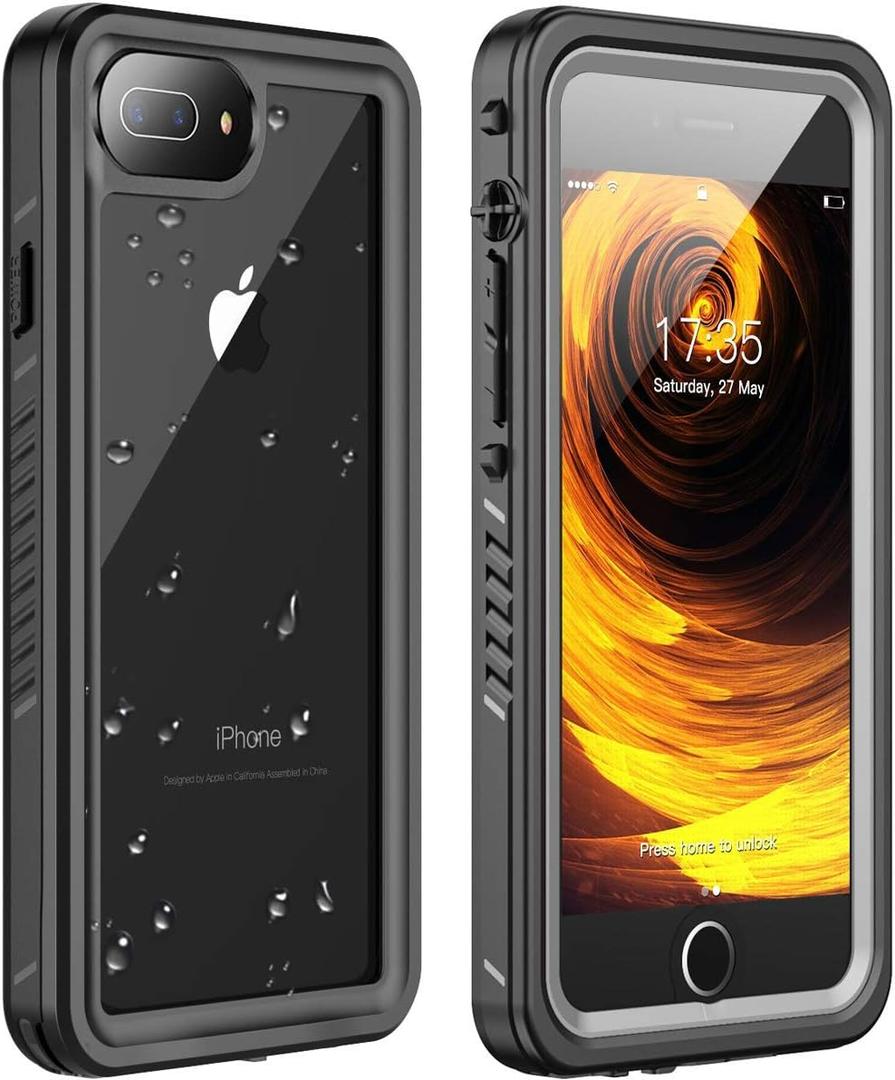iPhone 7/8 Plus Waterproof Case - Shockproof, Sandproof, Dirtproof IP68, Full Body Protection, Black/Clear