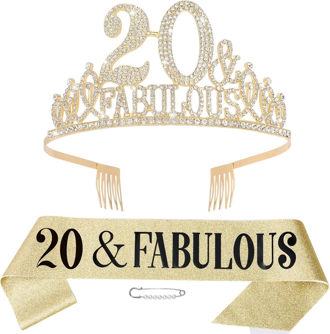 20th Birthday Decorations for Women, 20th Birthday Gifts Sash and Crown for Women Set, 20 & Fabulous Party Supplies, Gold