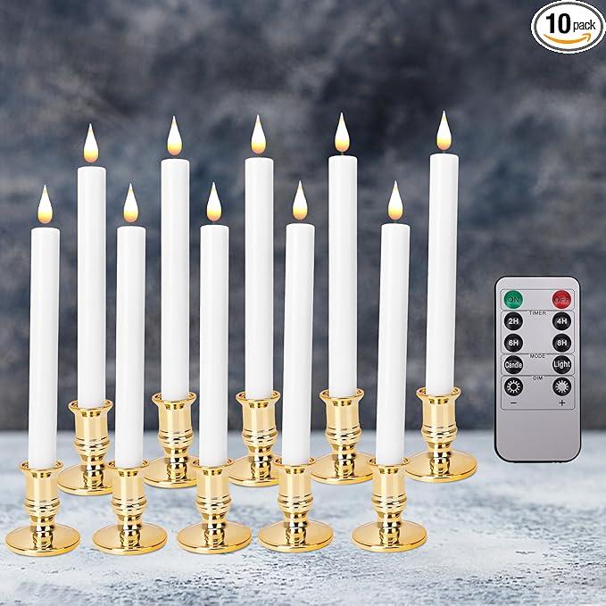 LED Flameless Window Candles with Remote Timer 10 PCS Battery Operated Flickering Taper Candle Lights with Removable Gold Candle Holders Best Gift for Xmas Wedding Home Dinner Decor