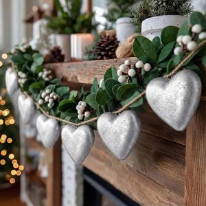 8.2 ft Valentine's Day Vintage Silver Heart Garland Hanging Ornaments Banner Farmhouse Rustic Love Heart Wall Hanging Art Home Decorations for Couples Bride Shower Wedding Anniversary