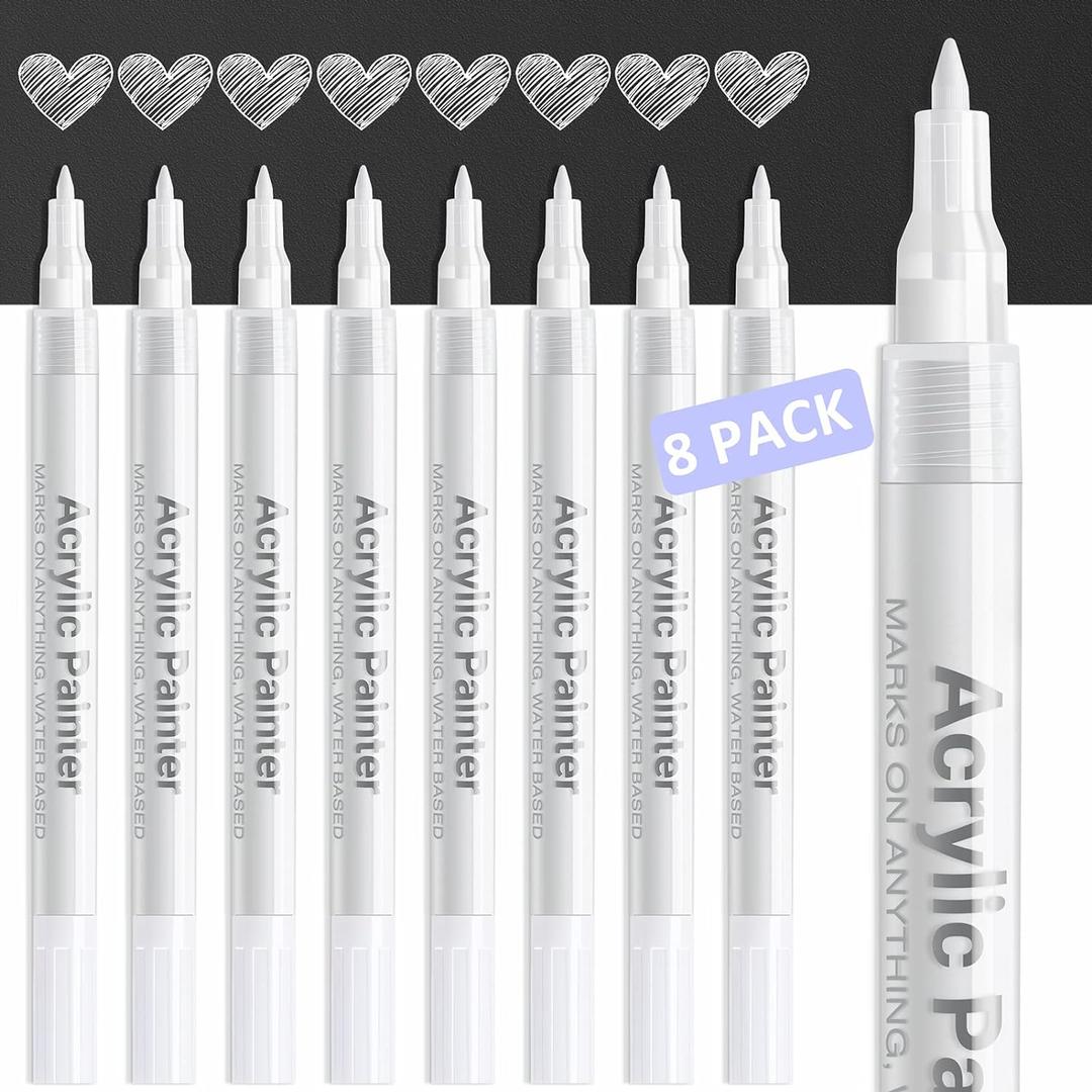 Rotulador acrlico de pintura blanca: paquete de 8 marcadores de pintura blanca de 0.028 in para metal, arte, madera, papel negro, plstico, cermica, metal, pintura de roca, dibujo, punta extrafina, ideal para artistas y estudiantes (Blanco)
