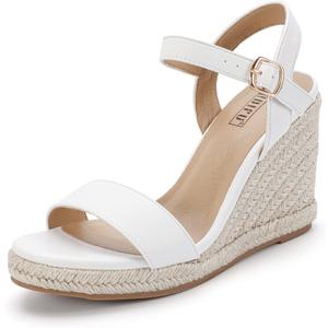 IDIFU IN4 Espadrille Wedge Sandals for Women Open Toe Ankle Strap Platform Wedges Heels Causal Summer Wedge Shoes Comfortable Espadrilles Wedges (White, 11)