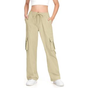 HASMES Girls Cargo Pants Kids Sweatpants Joggers Hiking Pants Water-Resistant with Pockets, 7-15Y Khaki