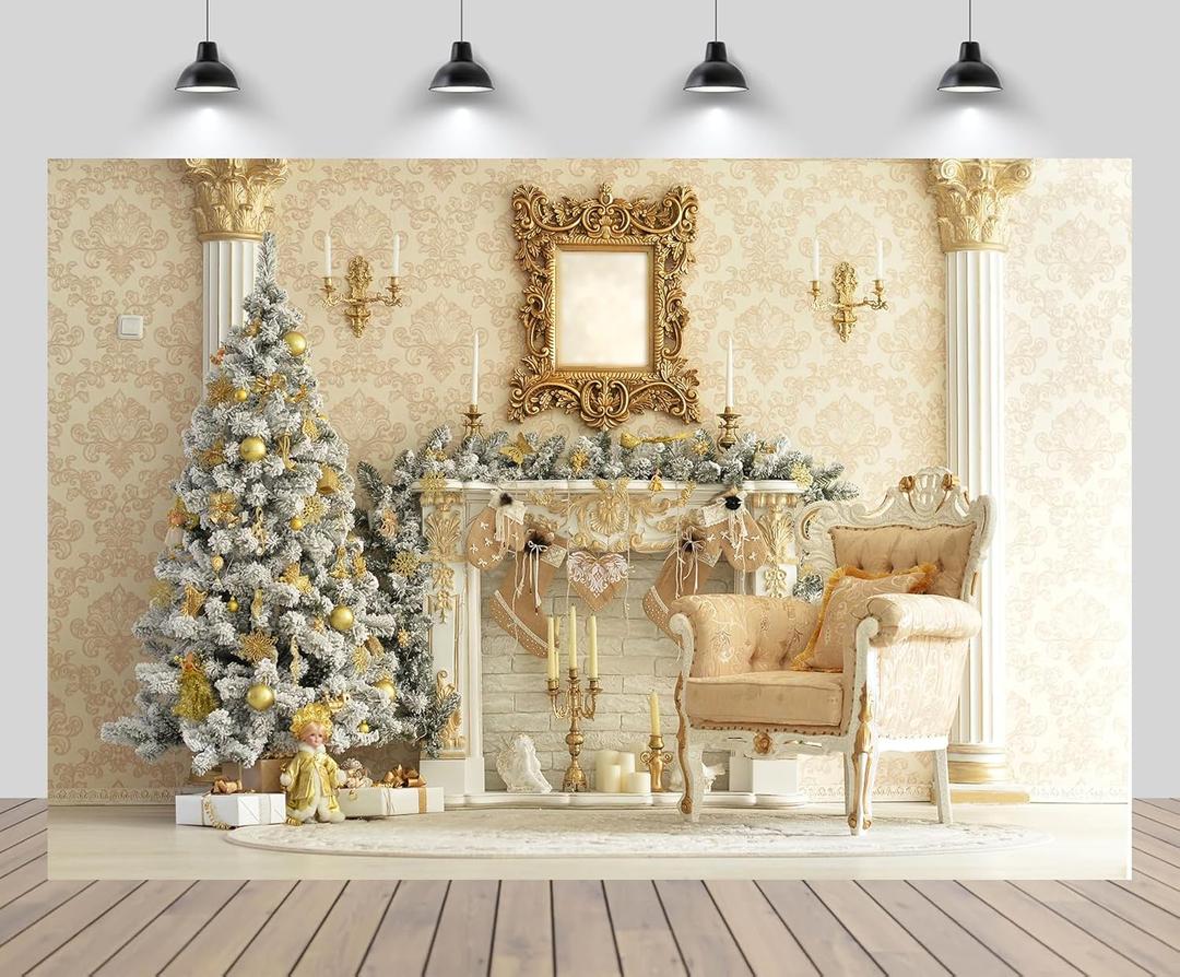 7x5ft Luxury Christmas House Backdrop Christmas Tree Vintage Armchair Candles Retro Palace Xmas Background Xmas Eve New Year Theme Party Decor Portrait Photo Studio Booth Props Wallpaper