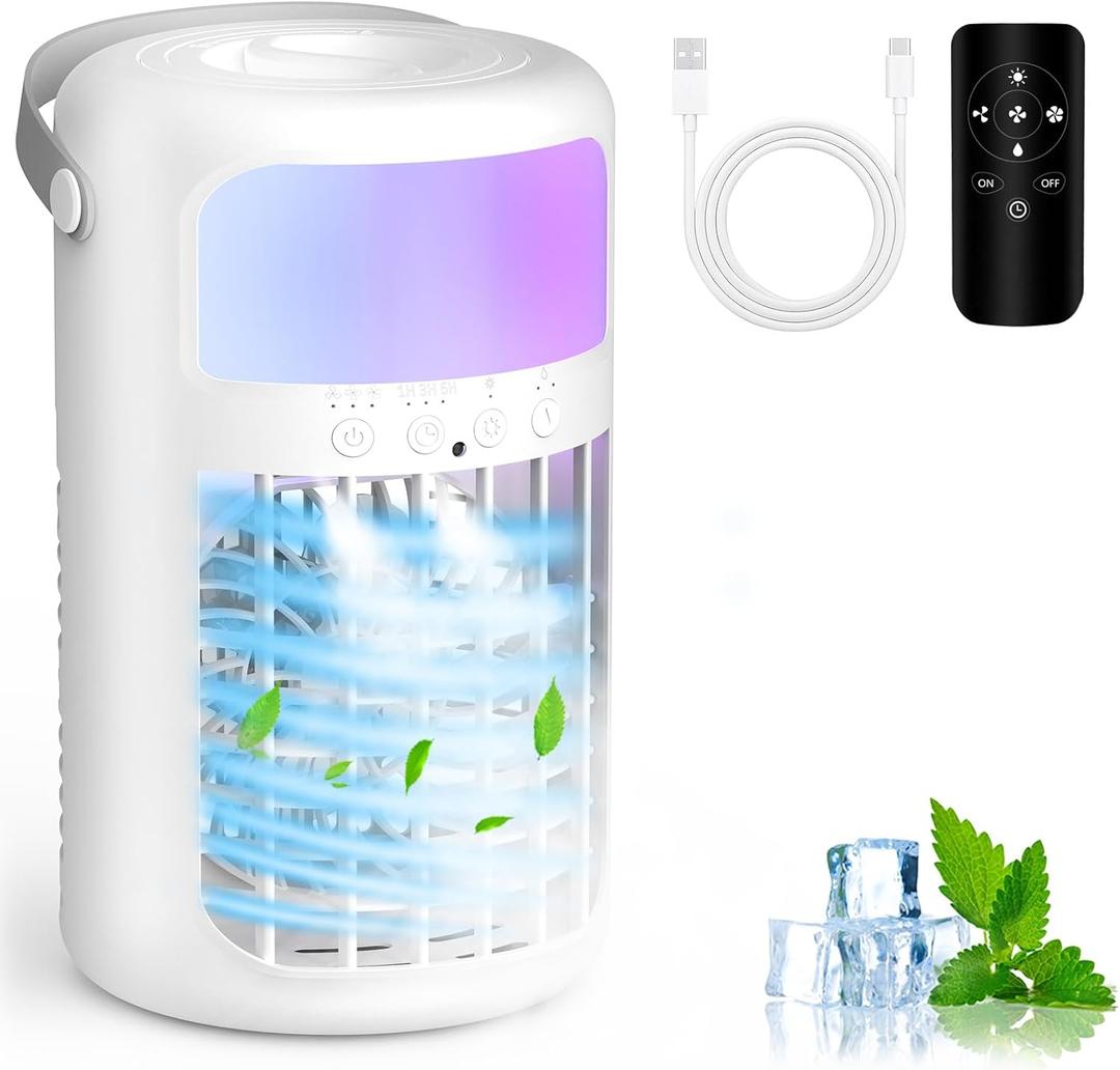 Portable Air Conditioner, 2026 Upgraded 4-IN-1 Portable Ice Fan with 3 Cooling Speeds & 1500ml Water Tank, 2 Cool Mist Ultra-Quiet Desktop AC Fan with Remote & 2-8H Timer for Bedroom, Office, Home