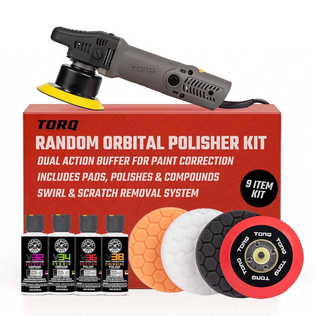 Chemical Guys TORQX Random Orbital Polisher, Pads, Polishes, and Compounds Kit - Safe for Cars, Trucks, SUVs, Motorcycles, and More, 700W Motor, 8mm Orbit, 9-Piece Set