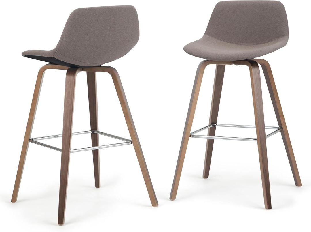 SIMPLIHOME Randolph Counter Stools (Set of 2) - 28 Inch Seat Height Upholstered Bentwood Kitchen Seats in Mocha Woven Fabric, Mid Century Modern Seating with Curved Backrest and Chrome Footrest