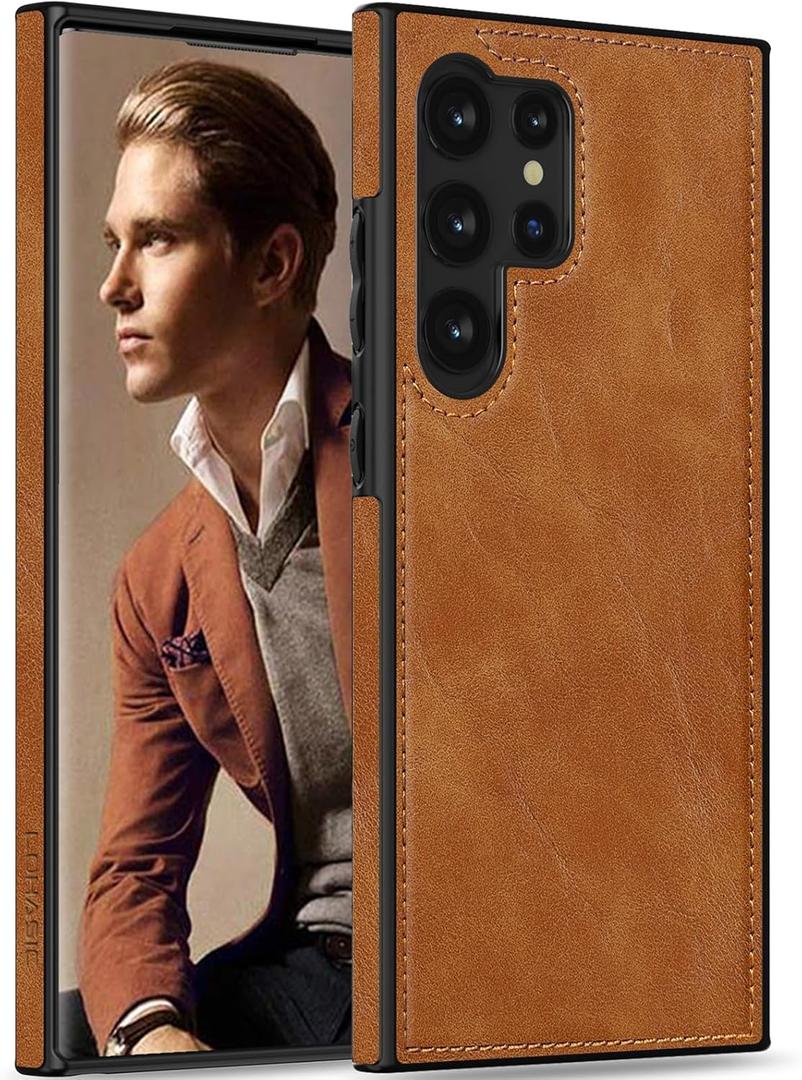 LOHASIC for Galaxy S24 Ultra Case Leather, Classic Elegant Premium Business Vegan PU Non-Slip Grip Shockproof Protective Cover Men Women Phone Cases for Samsung Galaxy S24 Ultra 5G 6.8" - Light Brown
