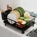 Dish Drainer Rack with Drip Tray, Sink Dish Drainer with Drainage Spout, Stainless Steel Dish Drying Rack with Cups, Utensil & Cutting Board Holders for Kitchen Counter Space-Saving, Black