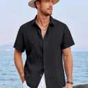 Runcati Mens Linen Cuban Guayabera Shirts Button Down Short Sleeve Shirt Cotton Hippie Summer Beach Vacation Shirts (Black, L)