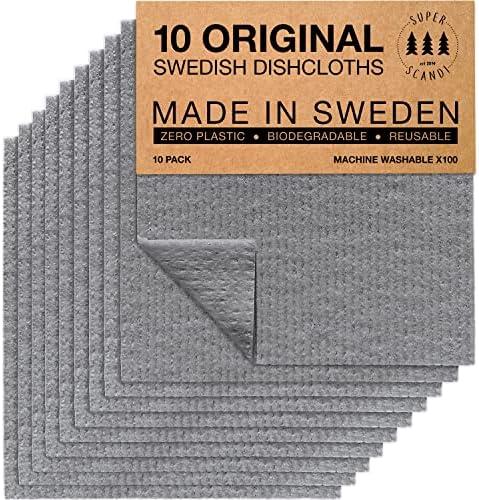 SUPERSCANDI 9 Pack Swedish Dishcloths for Kitchen - 100% Biodegradable & Compostable Reusable Paper Towels Washable, Food-Safe & Without Plastic - Dish Rags Suitable for Any Surface, Grey