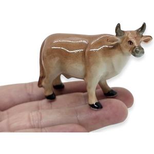 WitnyStore Tiny 2" Brown Standing Look Right Bull Ox Figurine - Miniature Hand Made Painted Ceramic Domestic Bovid Cattle Livestock Farm Animals Porcelain Decorative Collectible Figurines Dcor Gifts