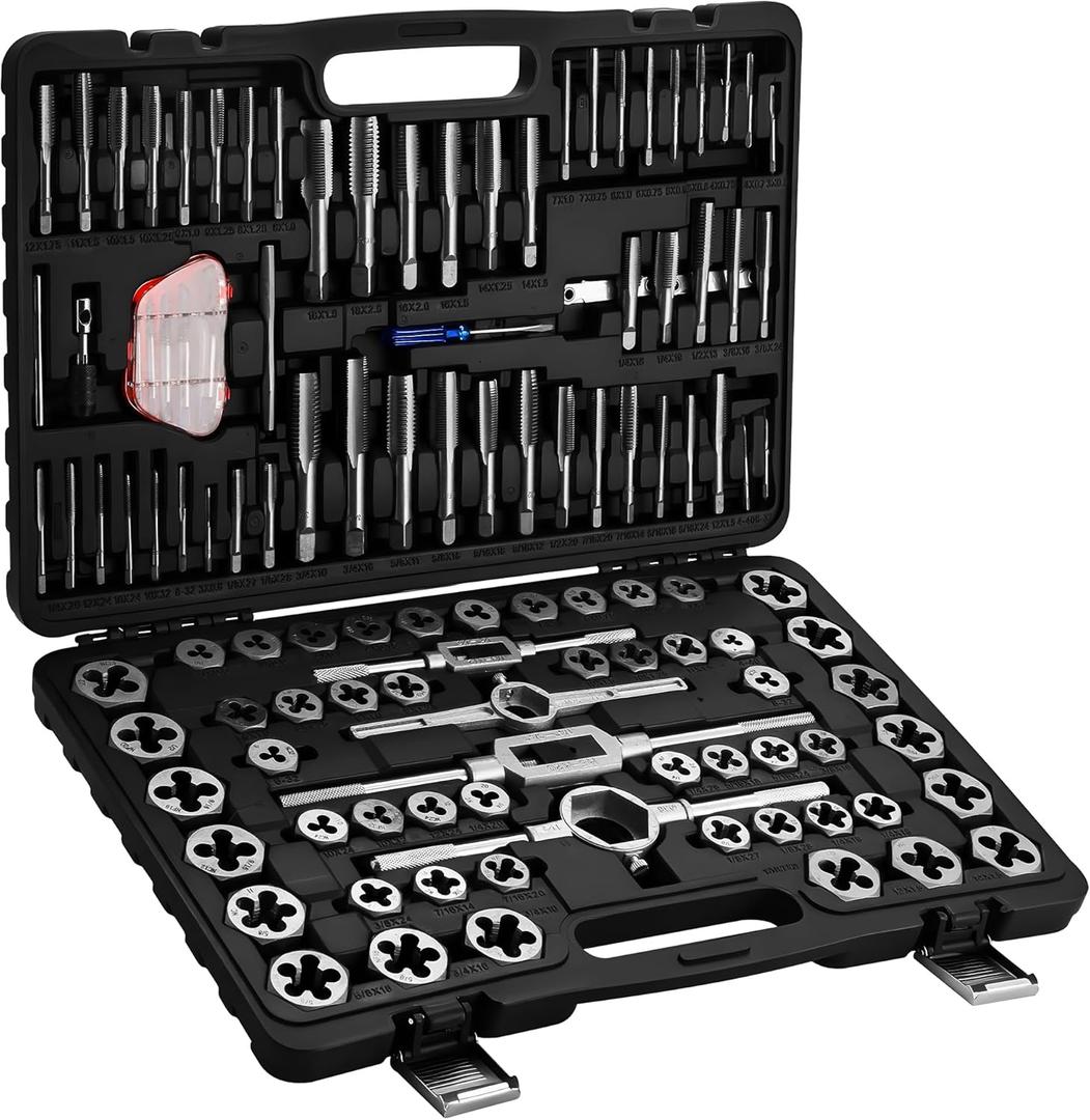 Anfrere 116pcs Tap and Die Set in SAE & Metric Sizes, Standard Tap Set and Die Tool Set for Threading and Rethreading Internal and External Threads, M3-M18 Thread Repair Kit