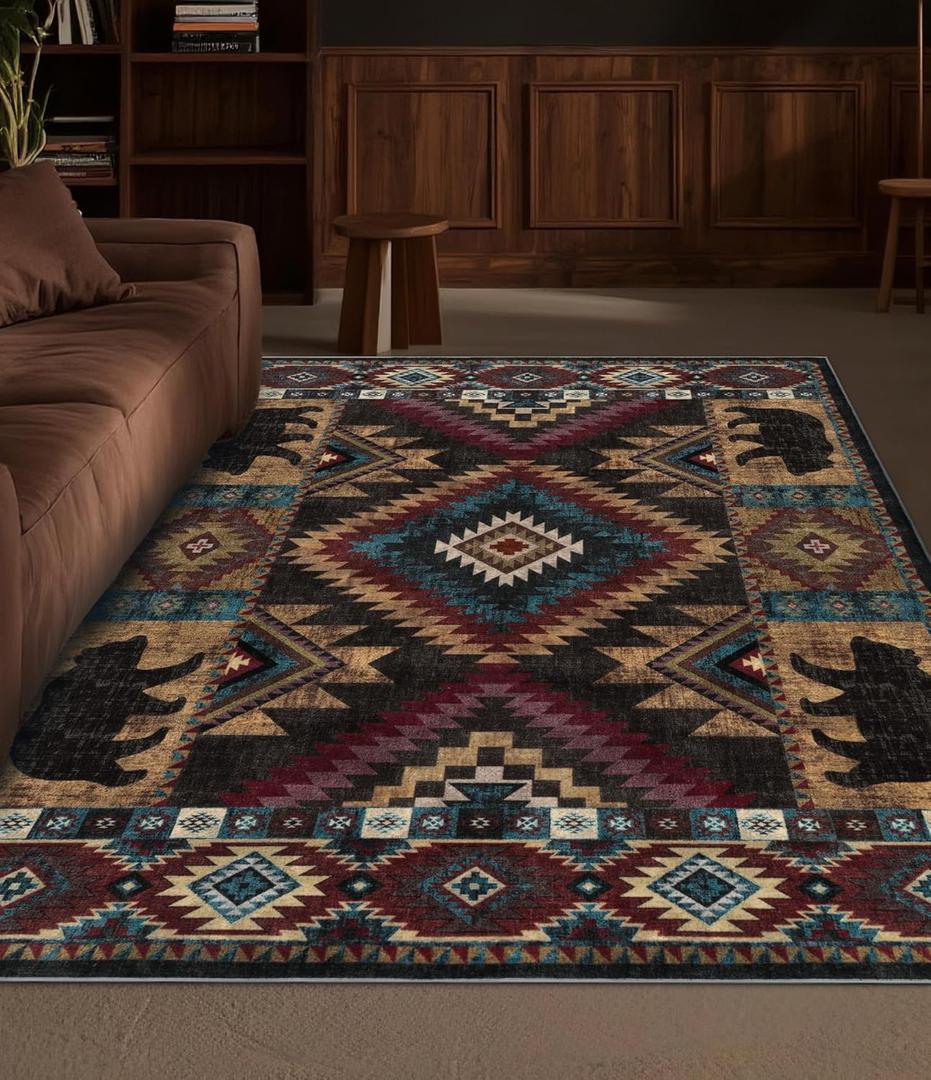 YIHOUSE Rustic Cabin Area Rug for Bedroom 5x7,Machine Washable Lodge Bear Rug,Non-Slip Low Pile Print Pattern Western Rug for Living Room