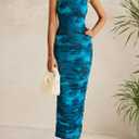 PRETTYGARDEN Wedding Guest Dresses for Women Summer 2026 One Shoulder Ruched Mesh Bodycon Cocktail Beach Floral Maxi Dress (Blue, S)