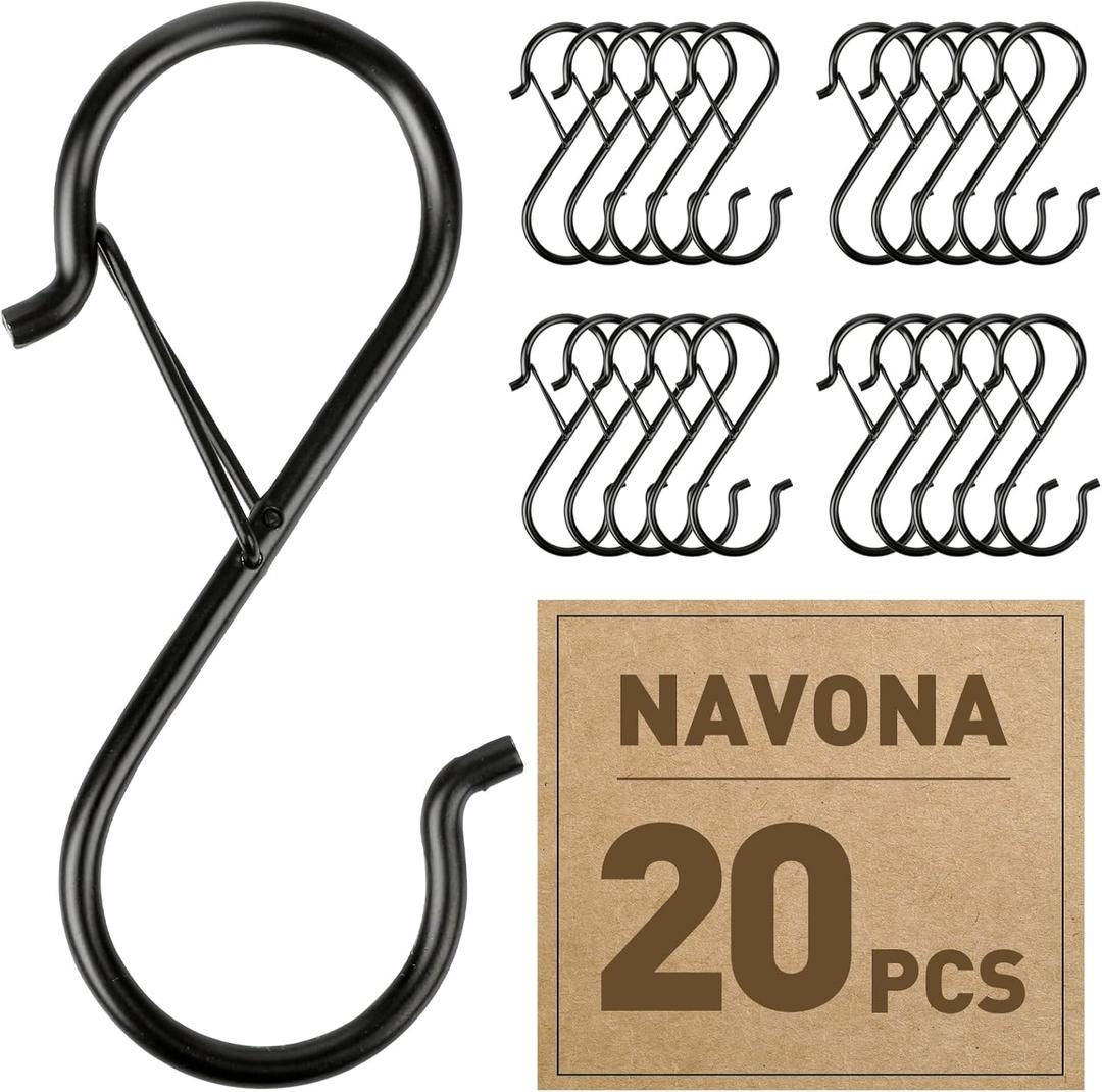 Navona 20 Pcs S Hooks for Hanging Heavy Duty, 3.5-inch Heavy Duty Metal S Hook with Safety Buckle, Suitable for 0.5 inch Rods, S Hook for Hanging Plants, Closet, Kitchen Utensil, Pot, Pan, Bags