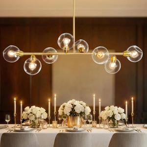 50" Open Globe Clear Glass Chandelier, 8-Light Gold Modern Sputnik Chandeliers Linear Chandeliers for Dining Room Luxury Electroplated Brass Dining Room Chandelier Large Long Kitchen Island Lights