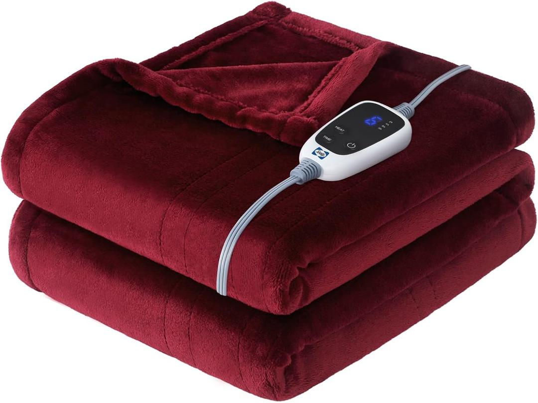 Sealy Heated Blanket Throw, Soft Flannel Electric Blanket with 6 Heat Settings & 2-10 Hour Auto Shut Off, Fast Heating with ETL Certificated Machine Washable, 50x60 Inch, Burgundy