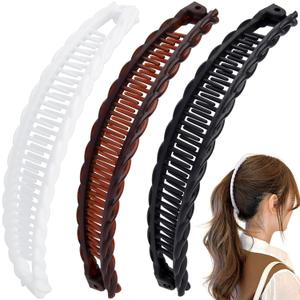 3pcs Banana Hair Clips for Women, Non-Slip Large Hair Claw Clips, Classic Double Combs Hair Accessories for Thick Thin Fine Straight Curly Long Short Hair- Brown & Black & White