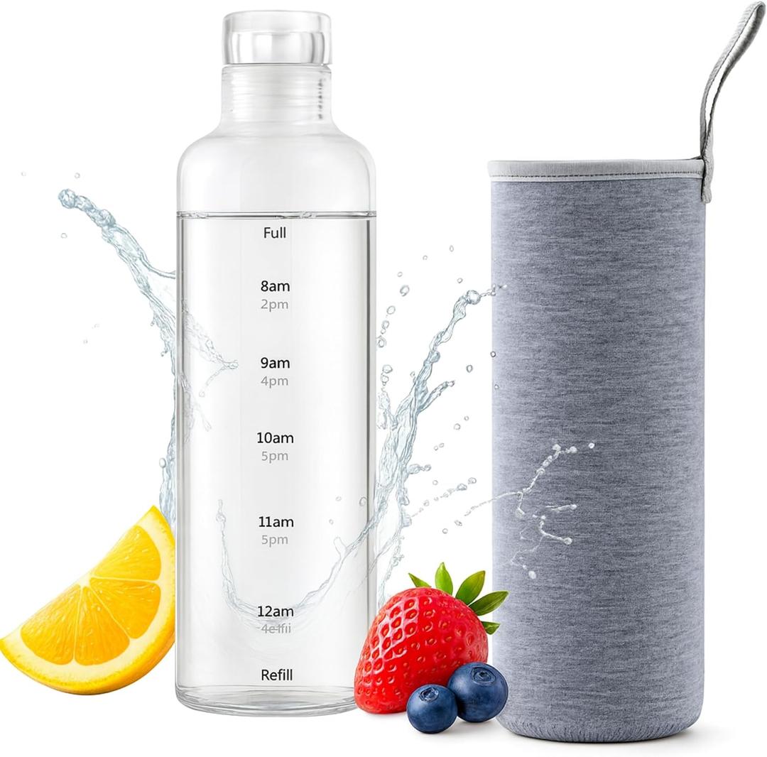 Reusable Borosilicate Glass Water Bottle 16 oz with Sleeve  Slim, Clear, Leakproof Bottle with Time Marker  BPA-Free, Double-Walled, Wide Mouth, for Hot or Cold Drinks, Motivational Gift (Clear)