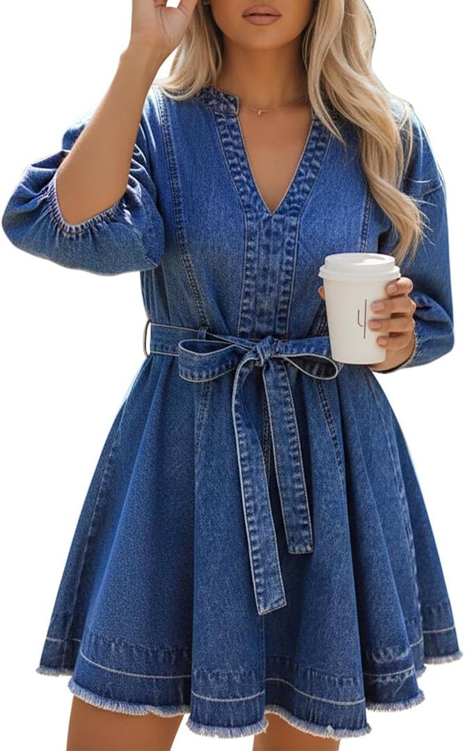 BISUAL Womens Denim Dress Casual Jean Dress Loose Fit Slim Denim Dress Belt Denims Dresses for Women 2026 with Pocket Dark Blue US L