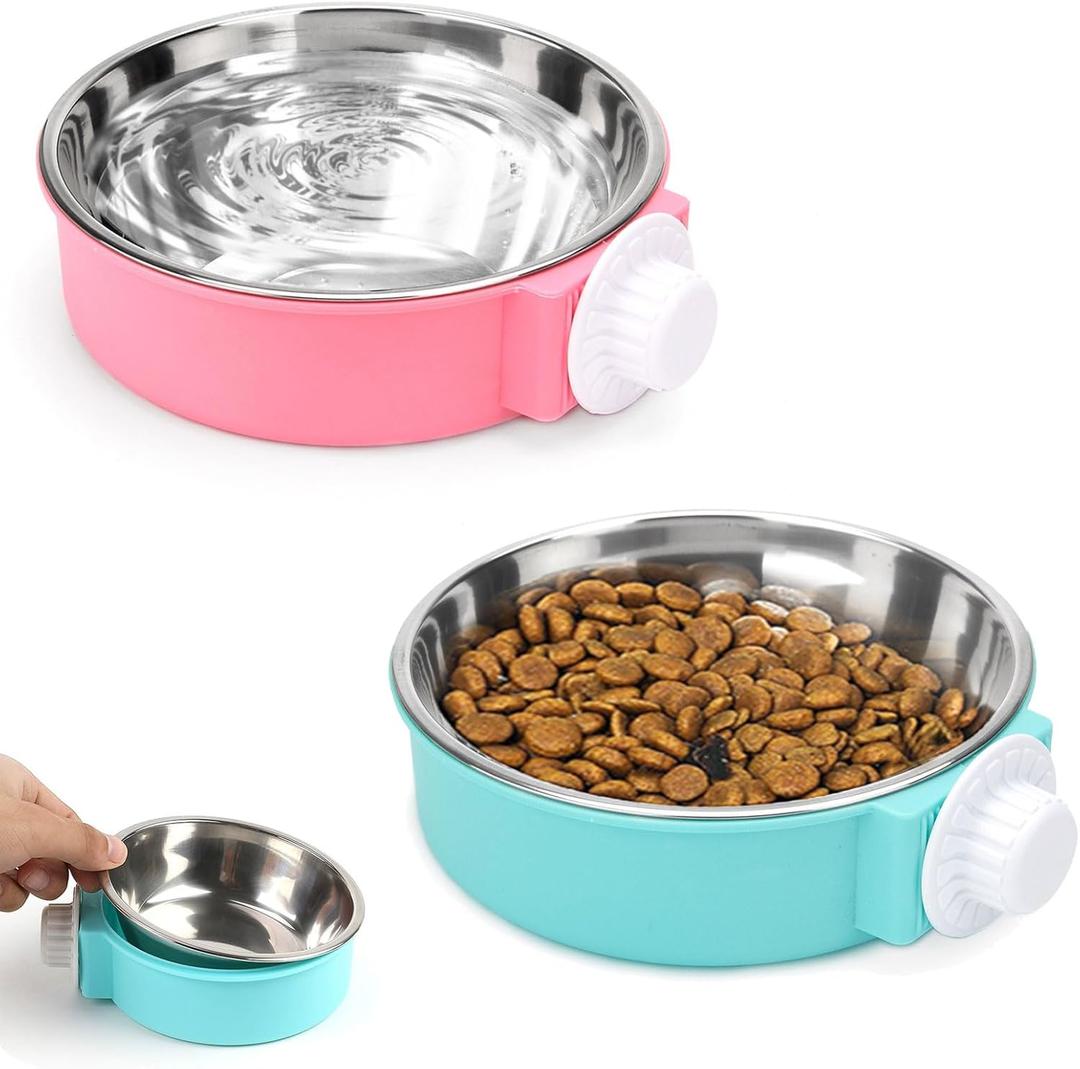 2 Pcs Crate Dog Bowl, Removable Stainless Steel Hanging Pet Food Water Feeder Pet Kennel Cage Bowl for Puppy Cat Rabbit Ferret Guinea Pig (Pink&Blue)