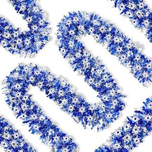 Palonu 50 Feet Hanukkah Decorations Tinsel Garland Glitter Twist Garland Metallic Menorah Ornaments Blue Metallic Streamers with Silver Star, Indoor Outdoor Chanukah Decorations Home Party Supplies