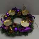 Purple Ribbon Christmas Advent Wreath - for Advent Calendar Season - Centerpiece Decor Candle Holder and X-mas Decorations