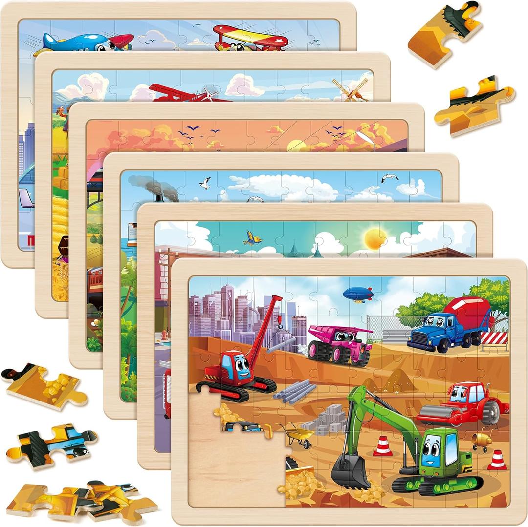 SYNARRY Wooden Vehicle Puzzles for Kids Ages 4-6, 6 Packs 60 PCs Jigsaw Puzzles Preschool Educational Toys Gifts for Children Ages 4-8, Kids Toys Gifts for 4+ Year Olds Boys Girls