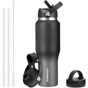 HYDROWION 32oz Water Bottle, Double Wall Vacuum Stainless Steel Insulated Water Flask with Straw Lid, Spout Lid and Flex Cap(Cold for 48 Hrs, Hot for 24 Hrs), Leakproof Travel Thermo Mug, Black&Grey