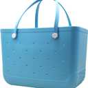 X-Large Waterproof Sandproof Rubber Beach Tote Bag with Zipper Pocket and Phone Kickstand Cup (Light Blue)