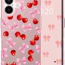for iPhone 16 Case Cute Bows Tie Aesthetic Cherry Pattern Case for Women Girls, Girly Trendy Glossy Slim Shockproof Protective Bumper Cover, Cherries Bow/Pink