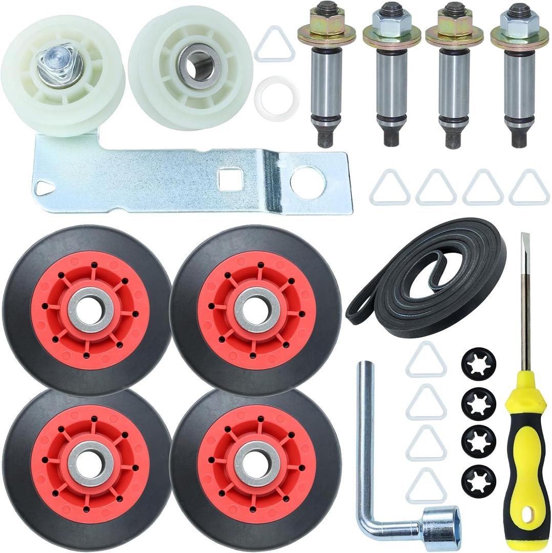 Upgraded 4392067 Dryer Repair Kit with 4 Pack WPW10314173 Drum Roller, 279640 and W10837240 Dryer Idler Pulley, 661570V Dryer Belt, WPW10359272 and WPW10359271 Dryer Drum Shaft.