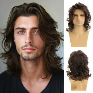 Mens Brown Layered Wavy Wig Shoulder Length Synthetic Heat Resistant Halloween Cosplay Hair Wig
