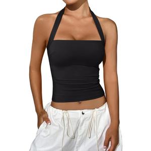 REORIA Women's Halter Going Out Tops 2025 Summer Y2K Shirts Sleeveless Sexy Crop Tank Top Y2k Outfits (Medium, Black)