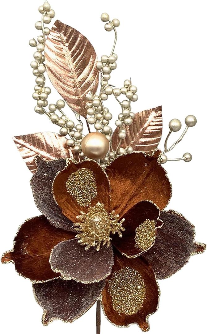 6 Pcs Christmas Flower Picks Brown Christmas Glitter Magnolia Flowers Picks and Spray Ornament Berries Branches for Xmas Tree Wreath Vase Table Centerpiece